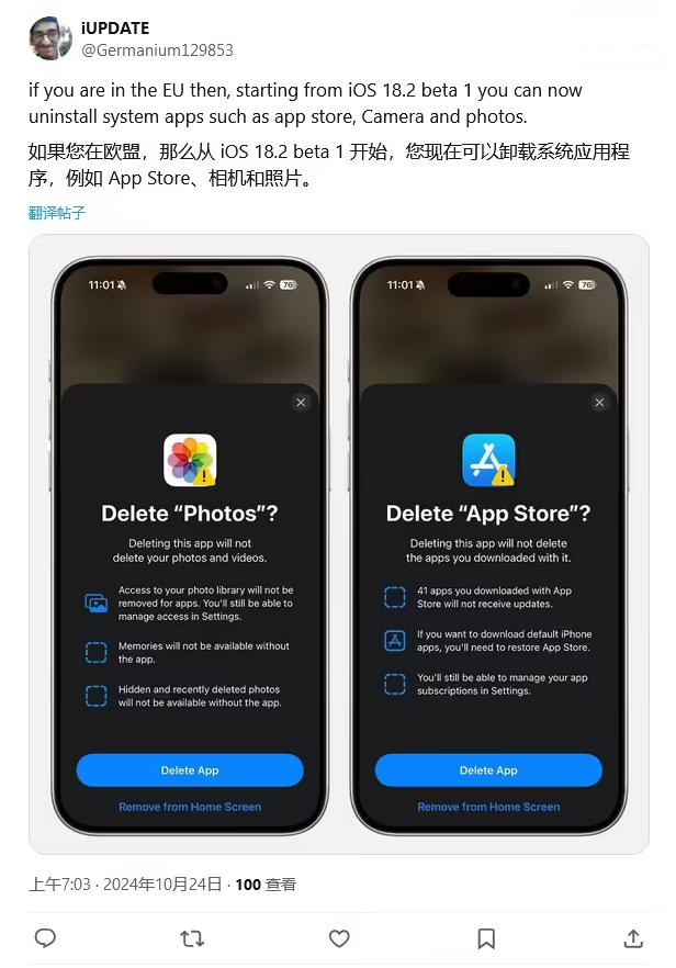 龙河镇苹果手机维修分享iOS 18.2 支持删除 App Store 应用商店 