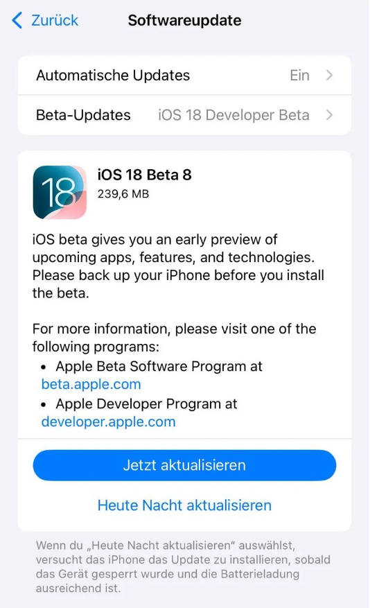 龙河镇苹果手机维修分享苹果 iOS / iPadOS 18 开发者预览版 Beta 8 发布 